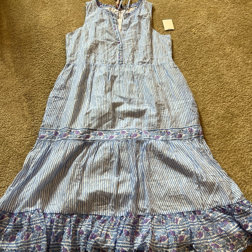 Vineyard Vines Blue and White Striped Tiered Dress with Floral Trim